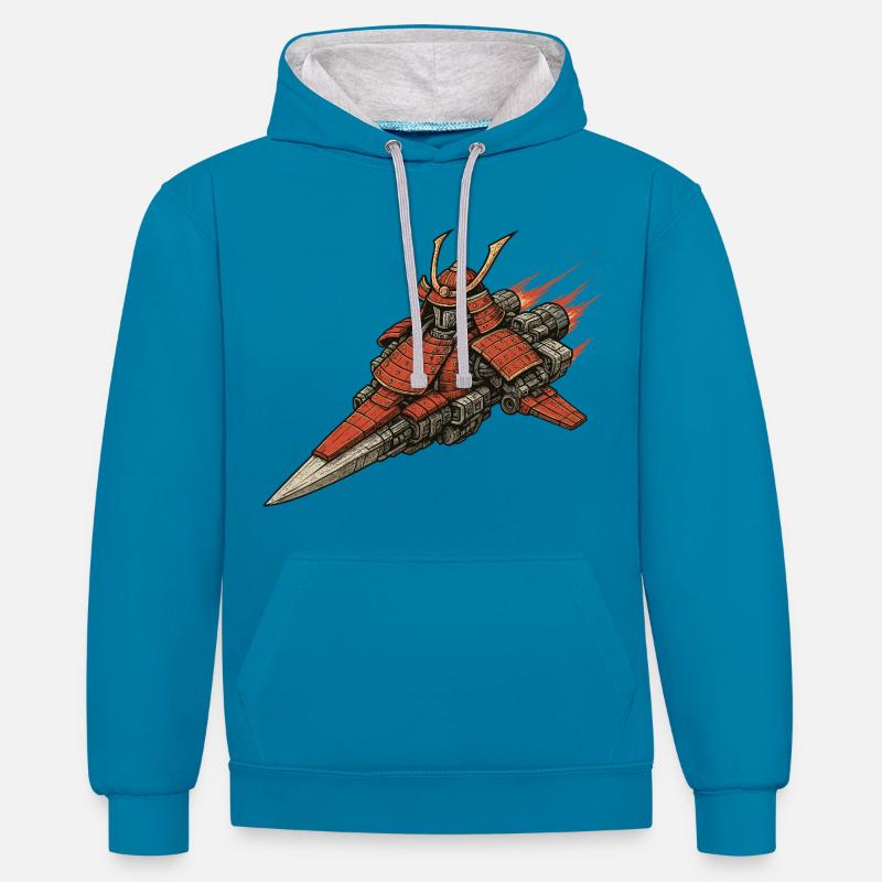 Vaisseau spatial samouraï - Sweat à capuche contrasté - bleu paon/gris chiné