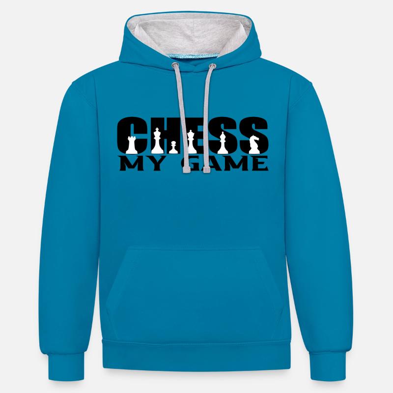 Échecs - Sweat à capuche contrasté - bleu paon/gris chiné