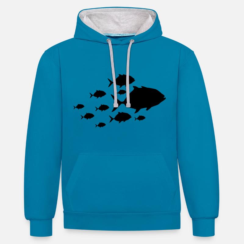 poisson piranha silhouette poissons - Sweat à capuche contrasté - bleu paon/gris chiné