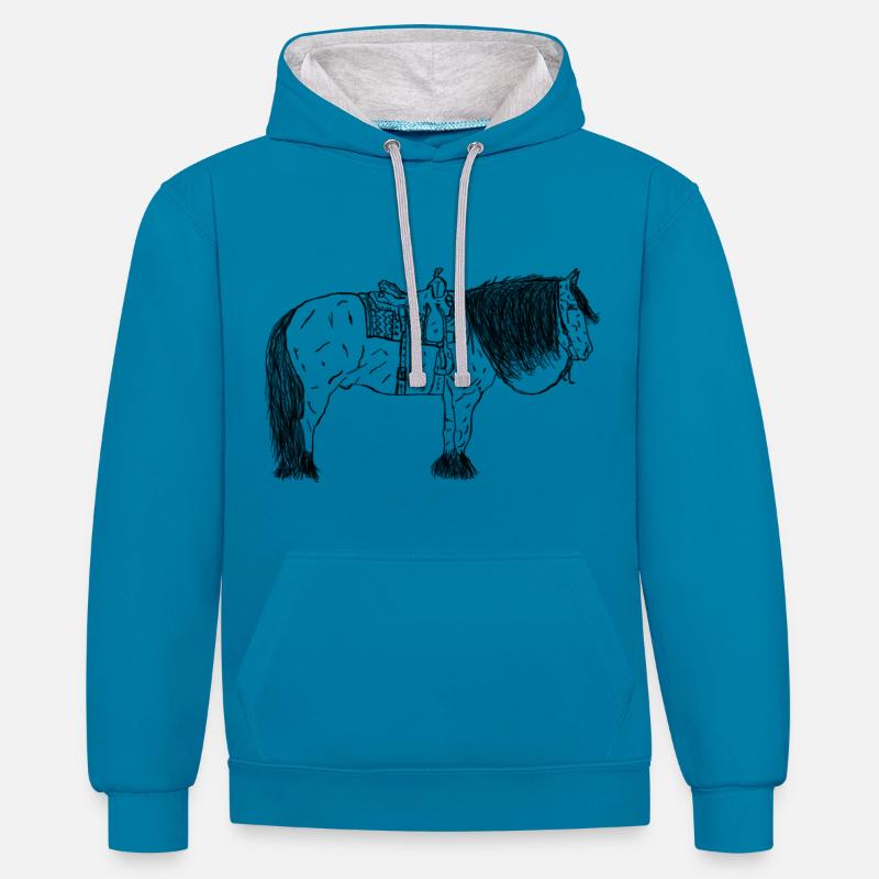 Cheval avec selle - Sweat à capuche contrasté - bleu paon/gris chiné