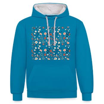Cooles florales nahtloses Muster PNG - Kontrast-Hoodie - Pfauenblau/Grau meliert - Vorne - Liana (172cm) & Jaron (178cm)