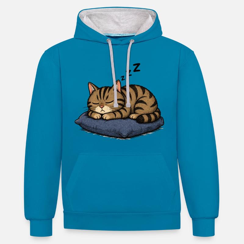 Chat endormi sur l’oreiller - Sweat à capuche contrasté - bleu paon/gris chiné