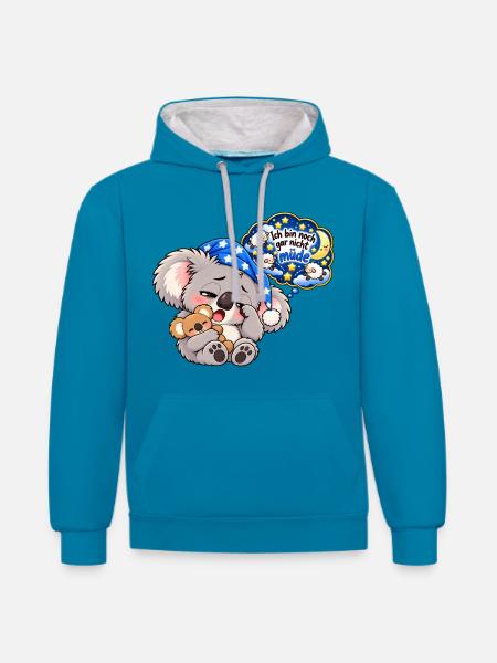 Schlummer-Koala mit Sternennacht - Kontrast-Hoodie - Pfauenblau/Grau meliert