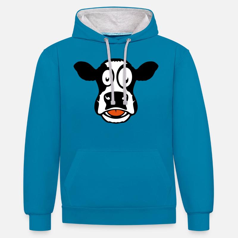vache dessin 104 - Sweat à capuche contrasté - bleu paon/gris chiné