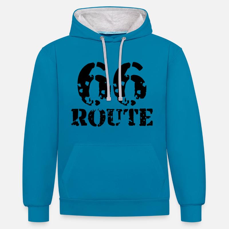 Route 66 noir - Sweat à capuche contrasté - bleu paon/gris chiné