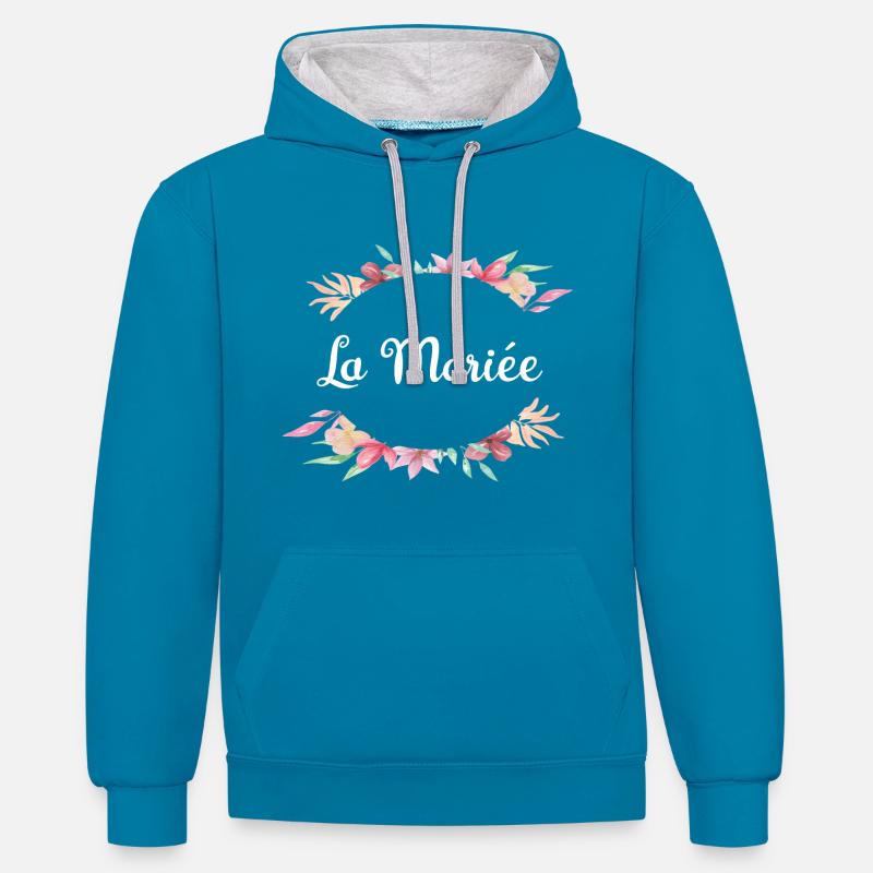 Cadeau Mariée Floral Élégant - Sweat à capuche contrasté - bleu paon/gris chiné