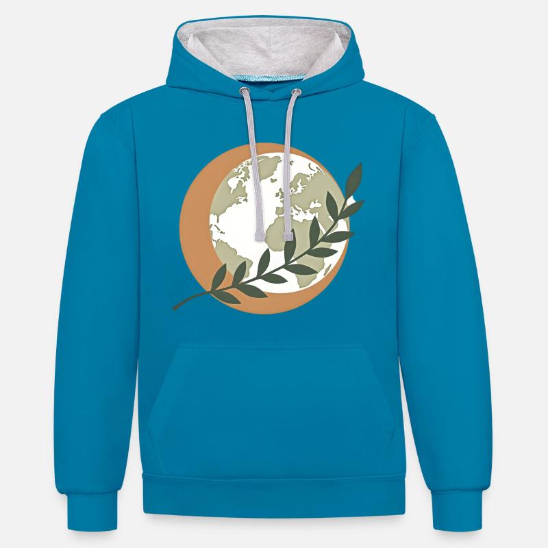 Globe de la Paix Verte - Sweat à capuche contrasté - bleu paon/gris chiné