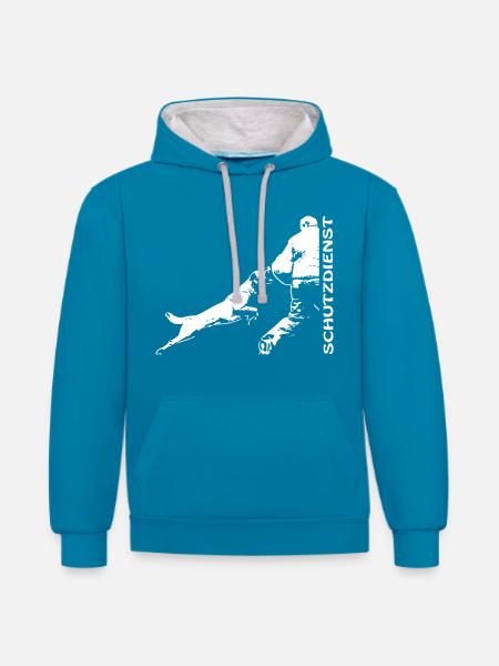 Malinois beim Schutzdienst, invertiert - Kontrast-Hoodie - Pfauenblau/Grau meliert