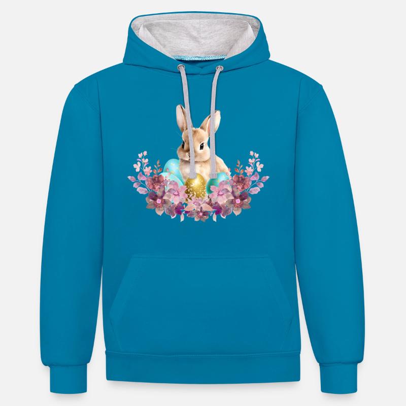 Lapin dans le nid - Sweat à capuche contrasté - bleu paon/gris chiné