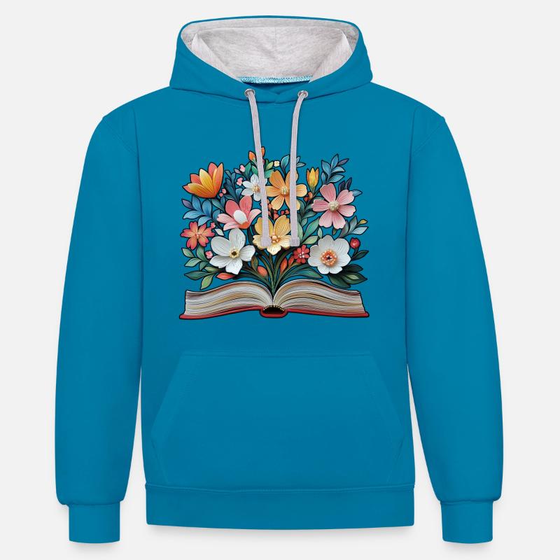 Livre et fleurs - Sweat à capuche contrasté - bleu paon/gris chiné