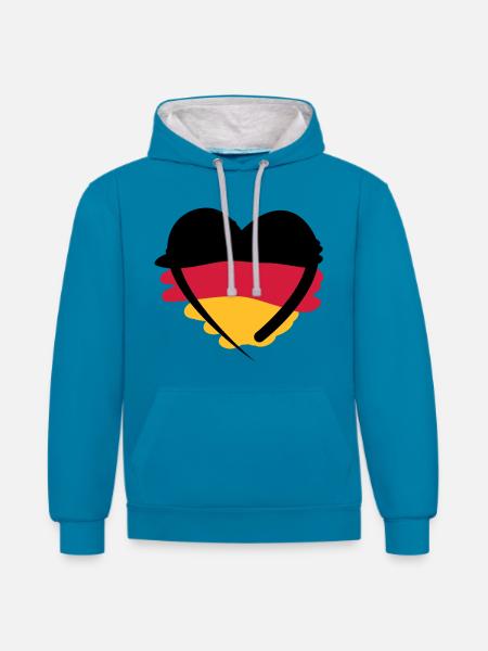 Deutschland Herz - Kontrast-Hoodie - Pfauenblau/Grau meliert