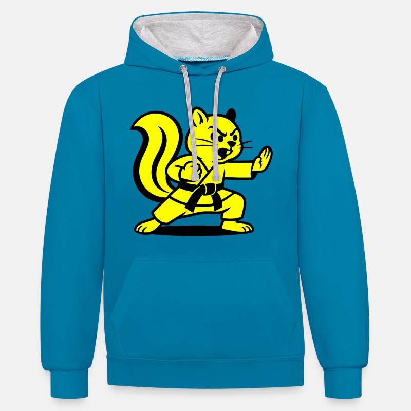 Karaté Écureuils ! - Sweat à capuche contrasté - bleu paon/gris chiné