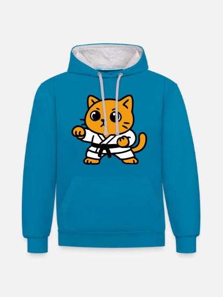 Cat fighter in karate suit - Contrast hoodie - peacock blue/heather grey