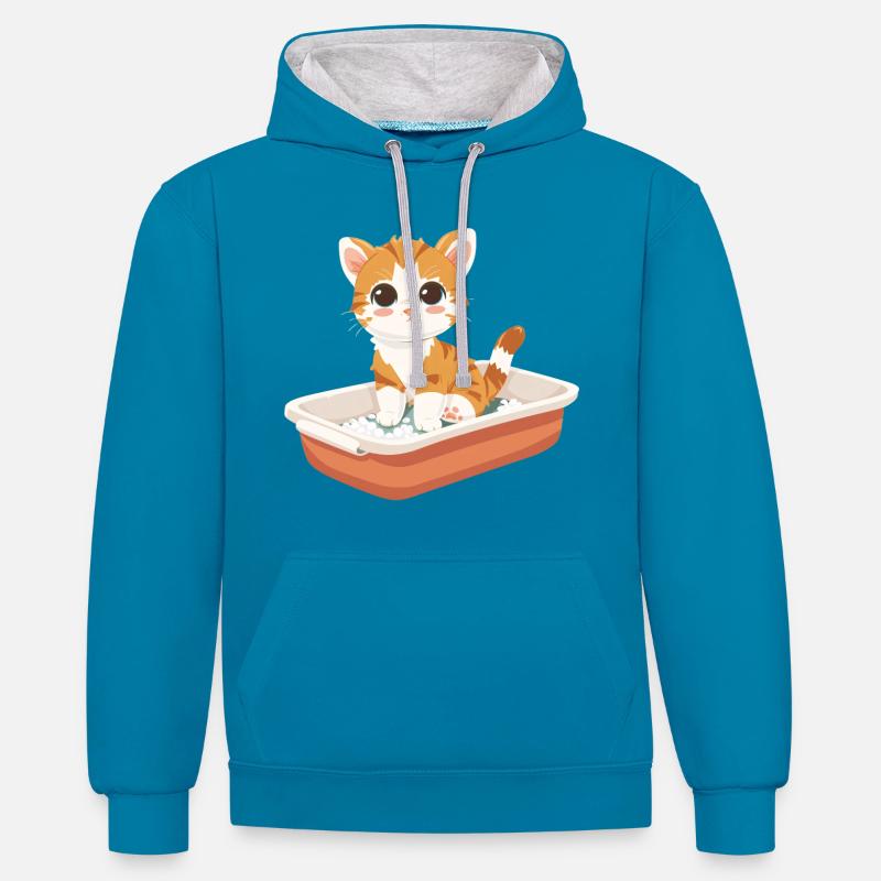 Mignon bébé chat jetant un coup d’œil hors de sa litière - Sweat à capuche contrasté - bleu paon/gris chiné