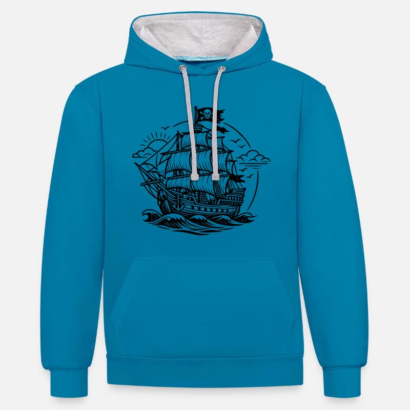 Bateau pirate - Sweat à capuche contrasté - bleu paon/gris chiné
