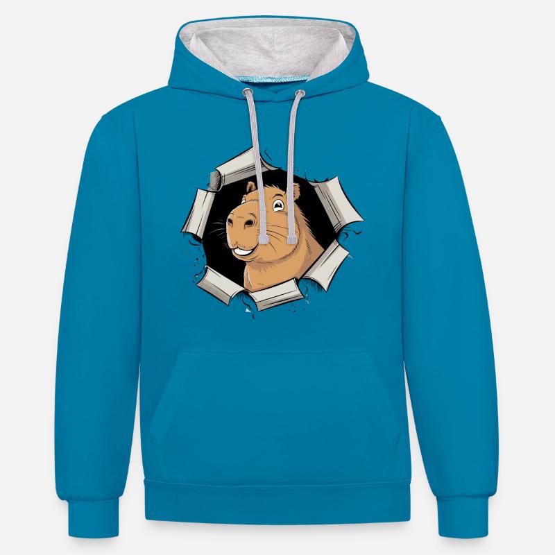 Capybara Comic – friedlicher Durchbruch - Kontrast-Hoodie - Pfauenblau/Grau meliert