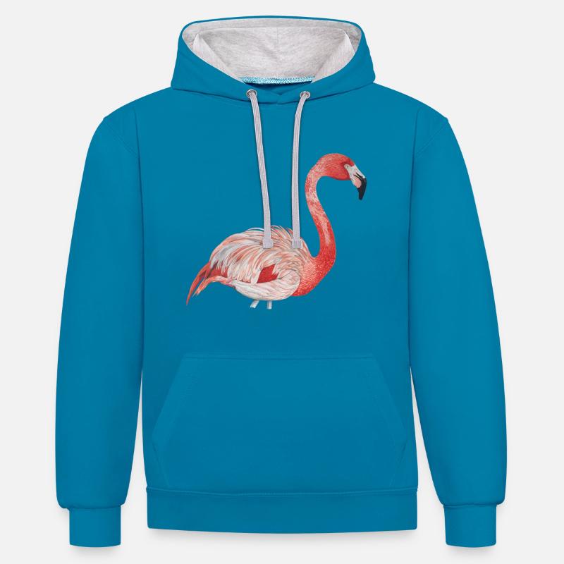 flamant rose de côté - Sweat à capuche contrasté - bleu paon/gris chiné