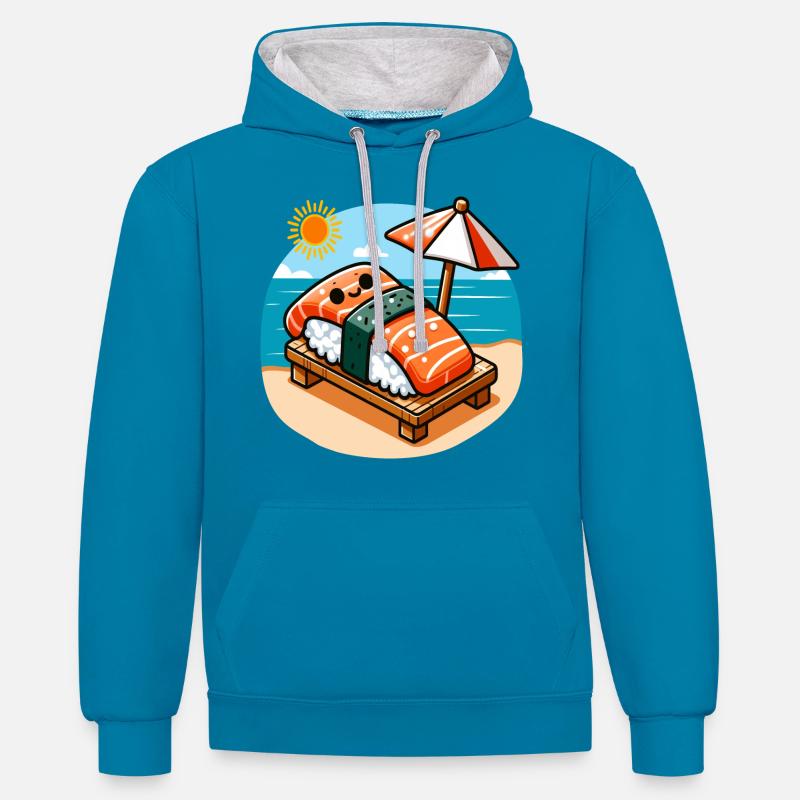 Sushi D’été Drôle - Sweat à capuche contrasté - bleu paon/gris chiné