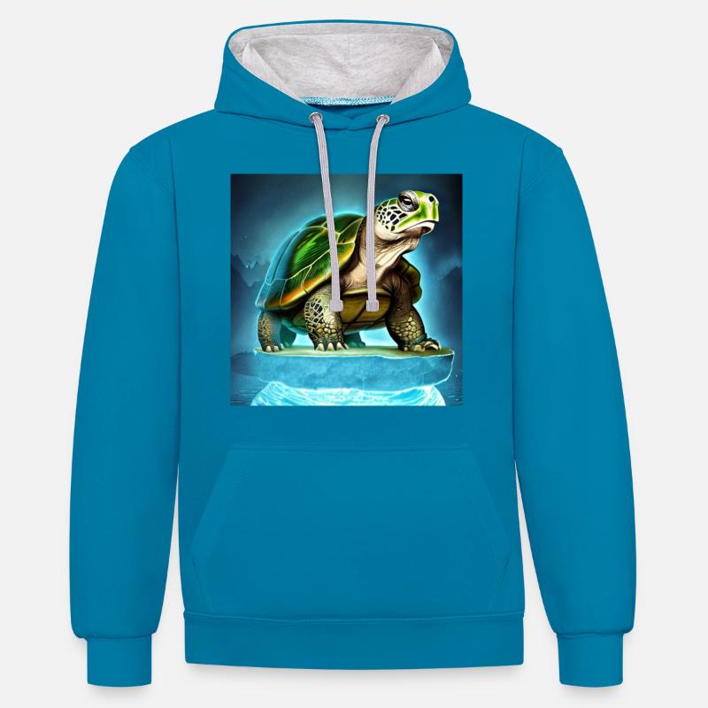 Tortue sur un glacier - Sweat à capuche contrasté - bleu paon/gris chiné