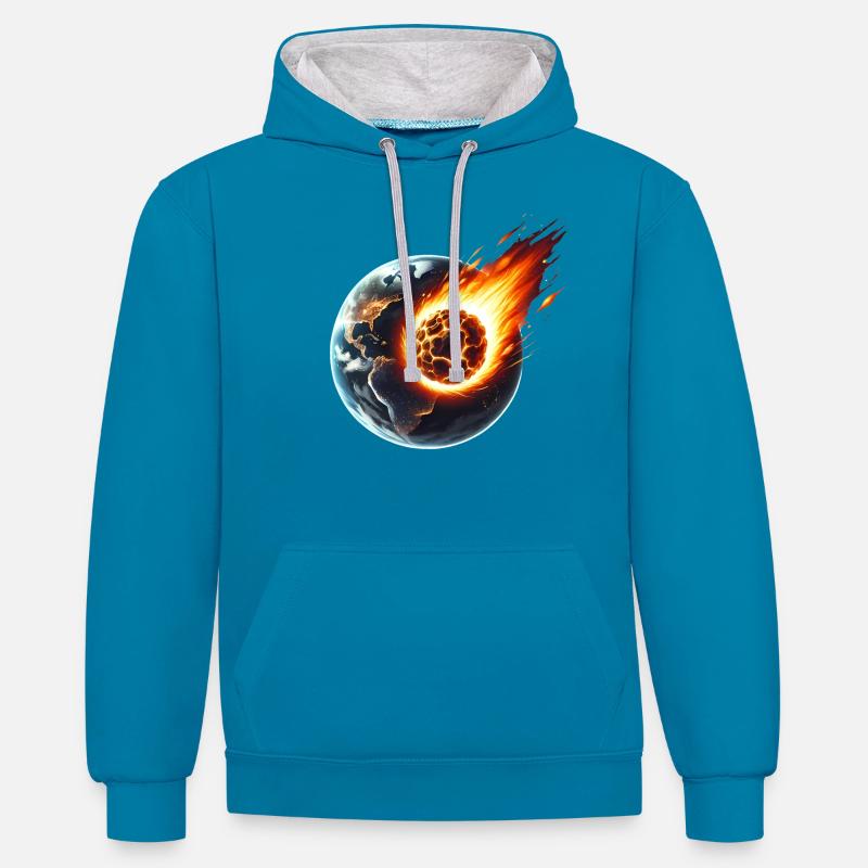 Impact d’un astéroïde ardent sur la Terre - Sweat à capuche contrasté - bleu paon/gris chiné