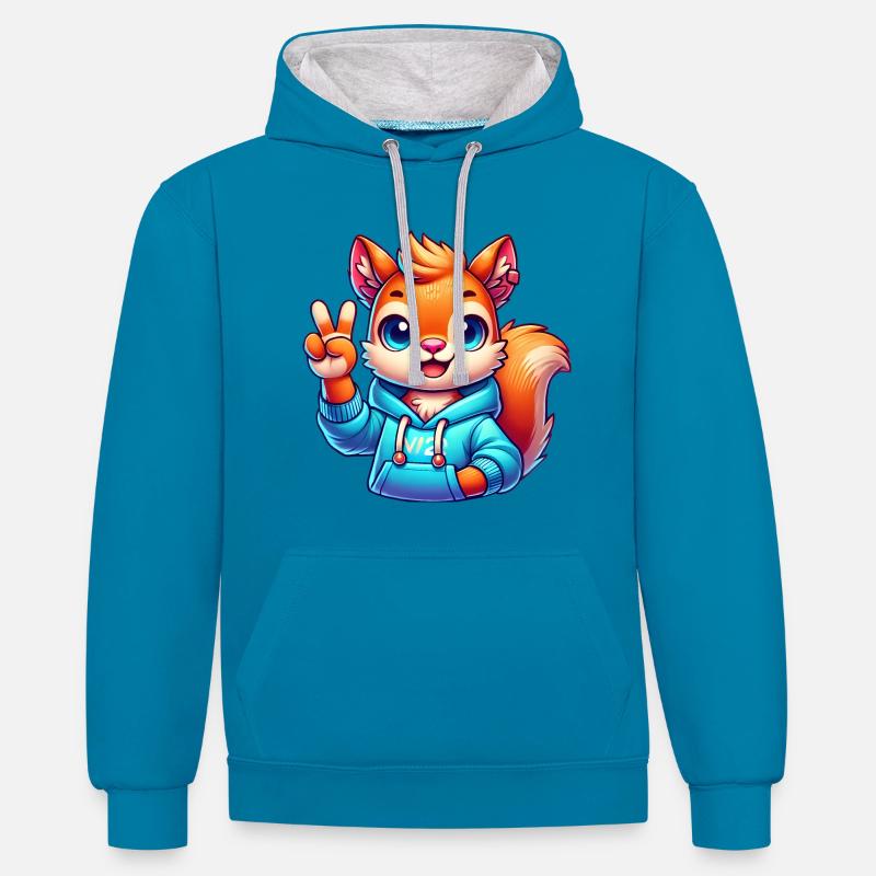 Friedliches Cartoon-Eichhörnchen im Kapuzenpullover - Kontrast-Hoodie - Pfauenblau/Grau meliert