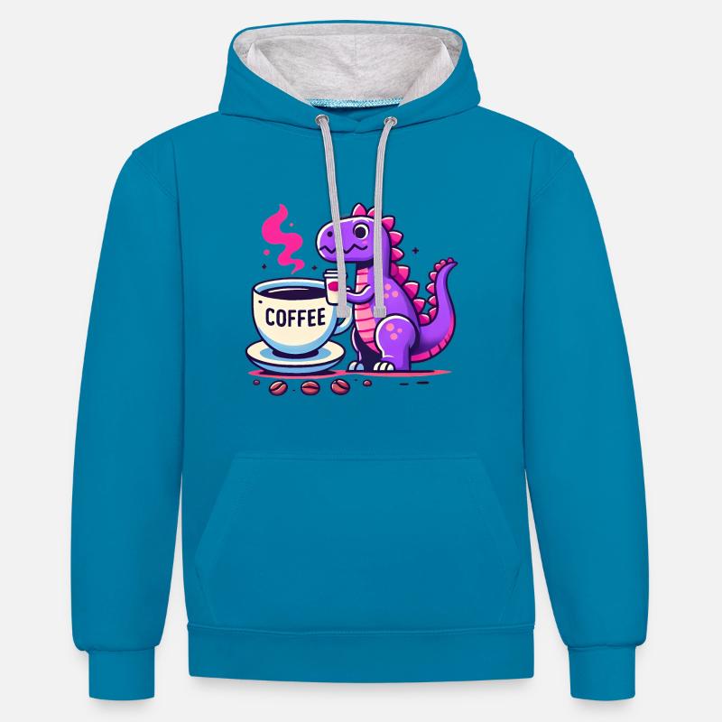 Purple Dino dégustant un café - Sweat à capuche contrasté - bleu paon/gris chiné