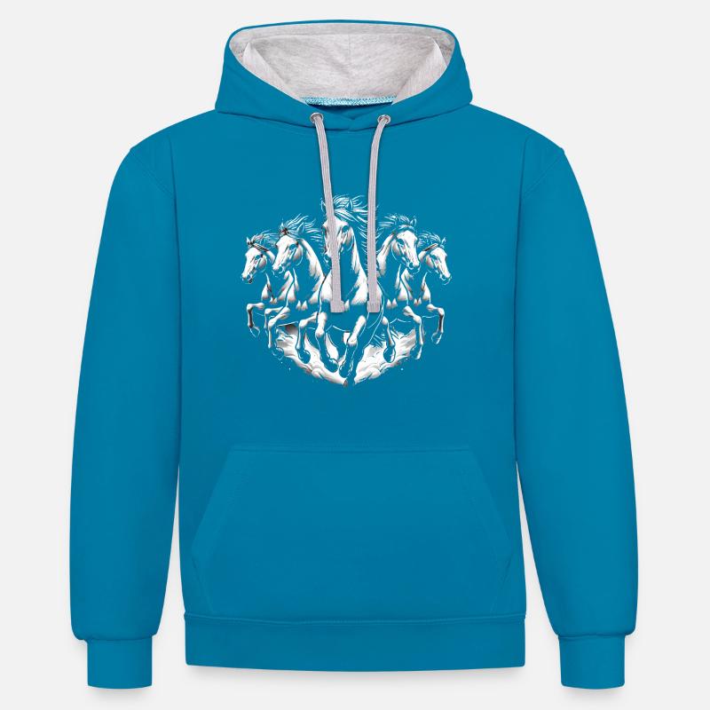 Laufpferde Dynamisches Schwarz-Weiß-Design - Kontrast-Hoodie - Pfauenblau/Grau meliert