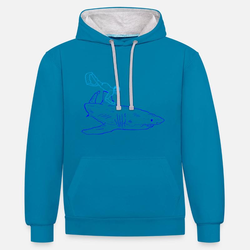 Plongeur de requins - Sweat à capuche contrasté - bleu paon/gris chiné