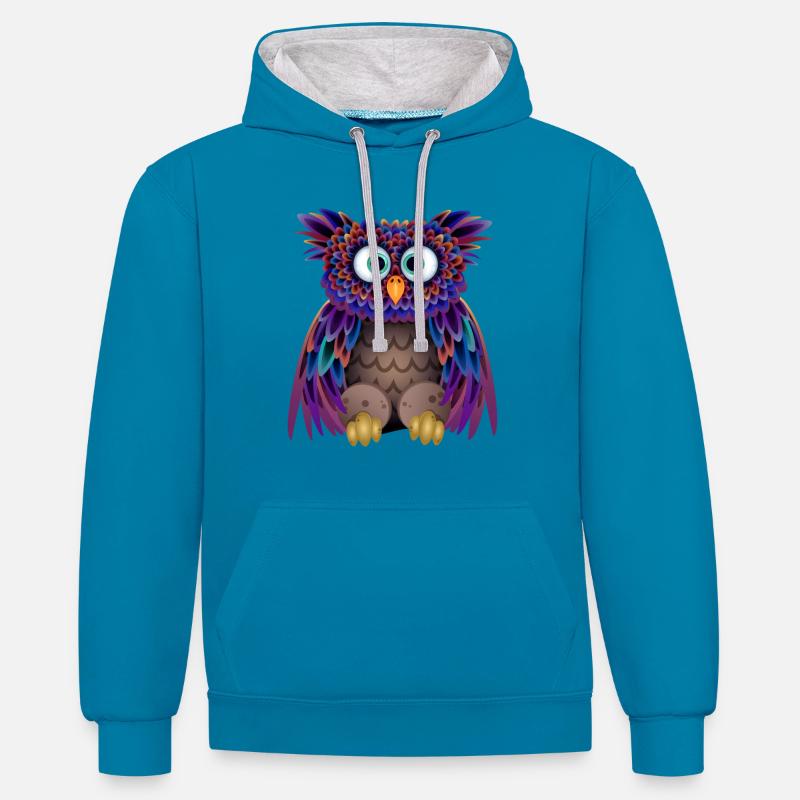 Die bunte Eule - Kontrast-Hoodie - Pfauenblau/Grau meliert