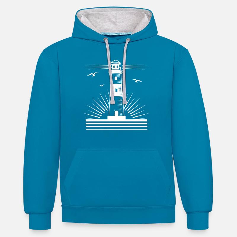 Phare sur la mer - Sweat à capuche contrasté - bleu paon/gris chiné