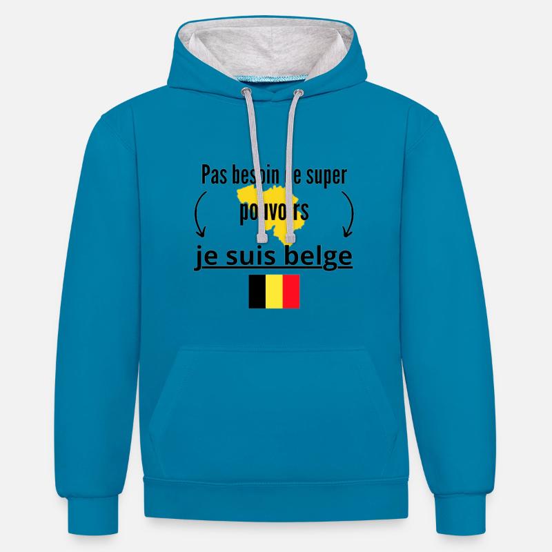 Je suis belge - Sweat à capuche contrasté - bleu paon/gris chiné