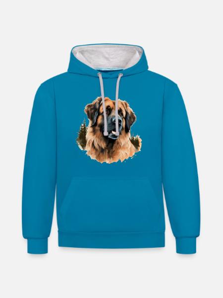 wunderschöner Leonberger Hundeportrait - Kontrast-Hoodie - Pfauenblau/Grau meliert