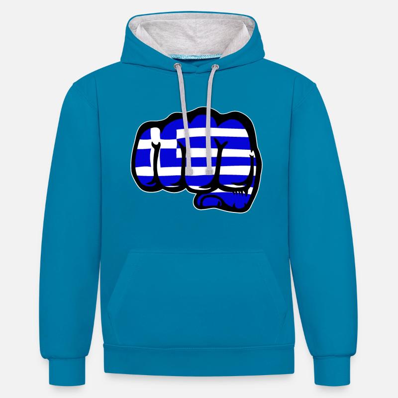 Grèce drapeau main poing - Sweat à capuche contrasté - bleu paon/gris chiné