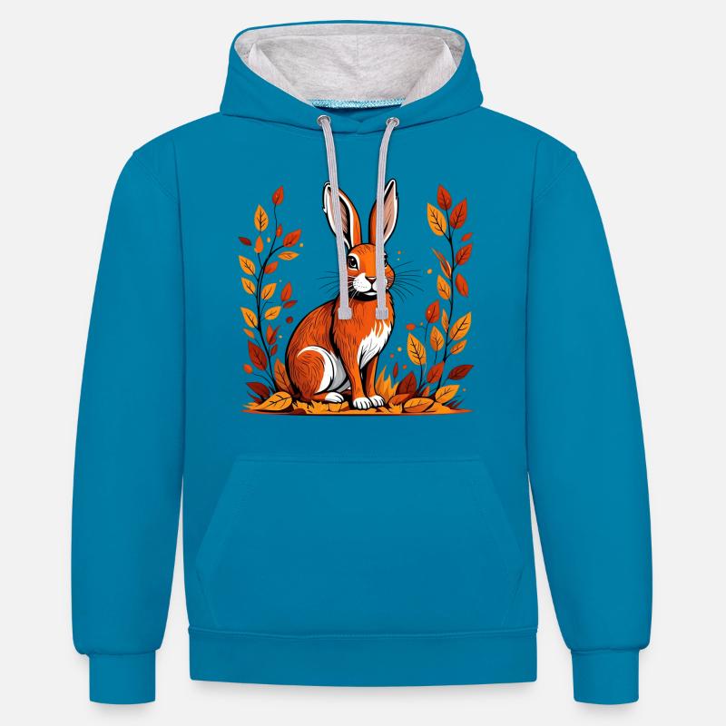 Lapin d’automne - Sweat à capuche contrasté - bleu paon/gris chiné