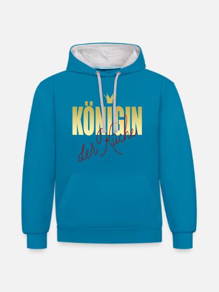 KÖNIGIN der Küche - Kontrast-Hoodie - Pfauenblau/Grau meliert