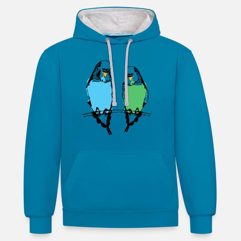 Couple de perruche mignon - Sweat à capuche contrasté - bleu paon/gris chiné