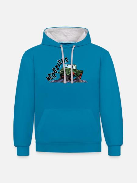 Bergziege - Unimog - Offroad - Oldtimer - Kontrast-Hoodie - Pfauenblau/Grau meliert