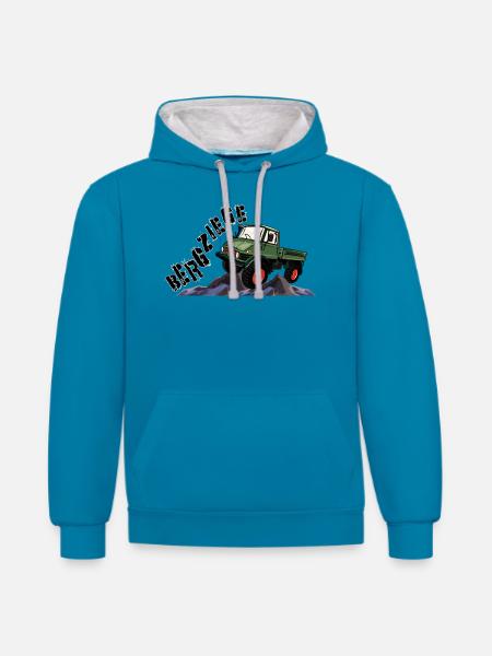 Bergziege - Unimog - Offroad - Oldtimer - Kontrast-Hoodie - Pfauenblau/Grau meliert