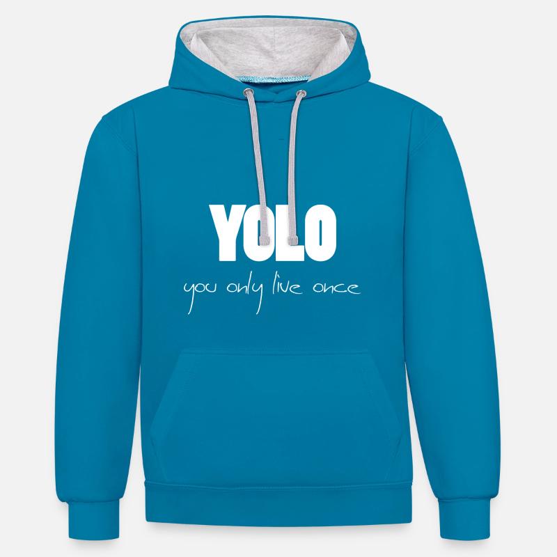 YOLO - blanc -1 - Sweat à capuche contrasté - bleu paon/gris chiné