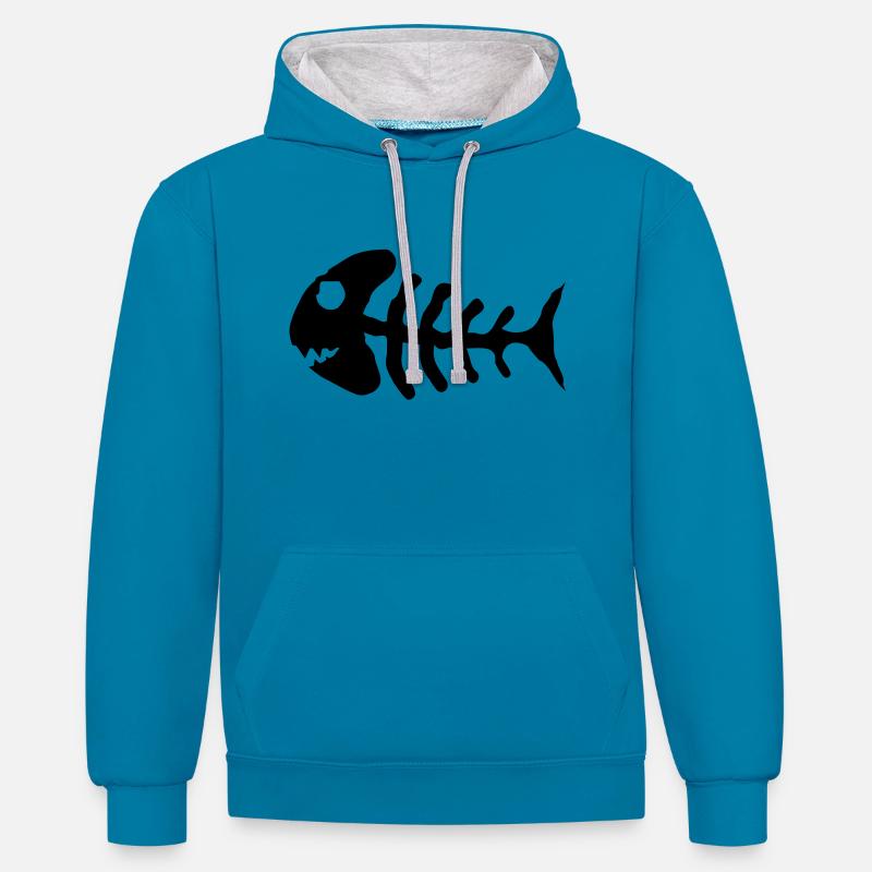 bone_fish_f1 - Sweat à capuche contrasté - bleu paon/gris chiné