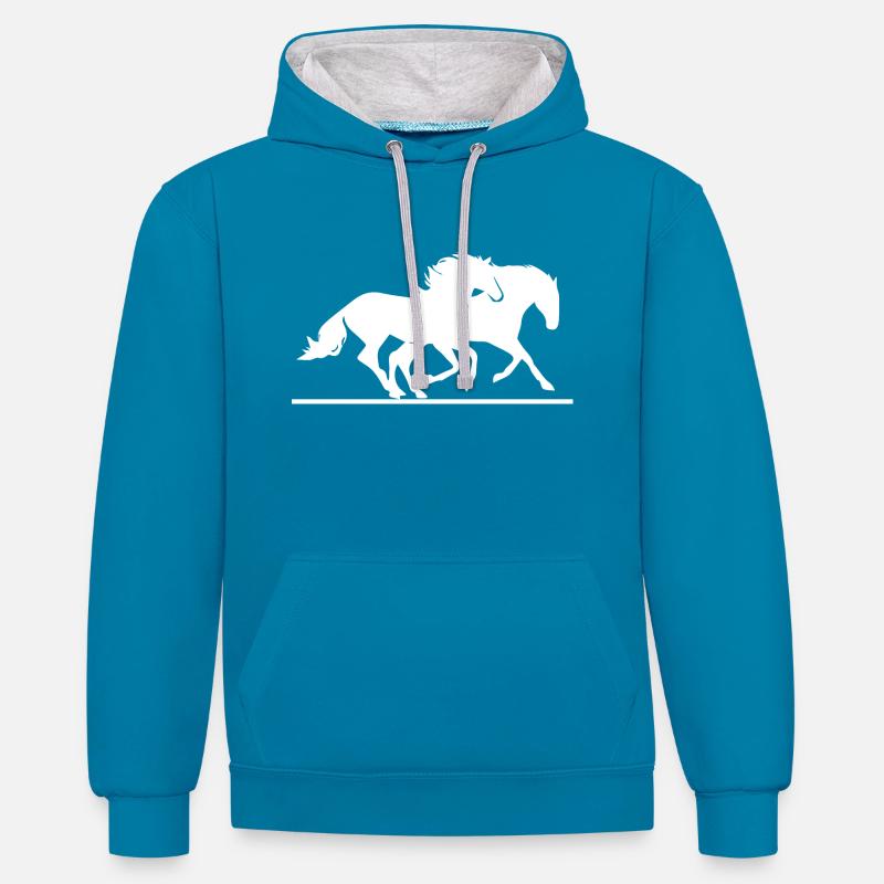 Cheval cheval cheval équitation - Sweat à capuche contrasté - bleu paon/gris chiné
