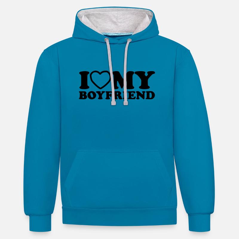 J'aime mon petit ami. - Sweat à capuche contrasté - bleu paon/gris chiné