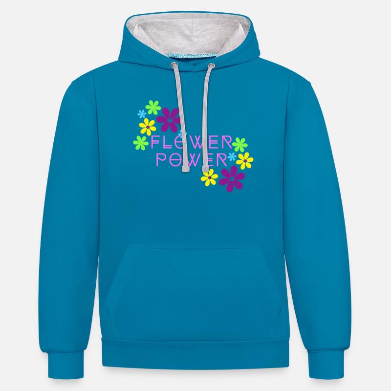 Flower power rosa - Sudadera con capucha contraste - azul pavo real/gris jaspeado