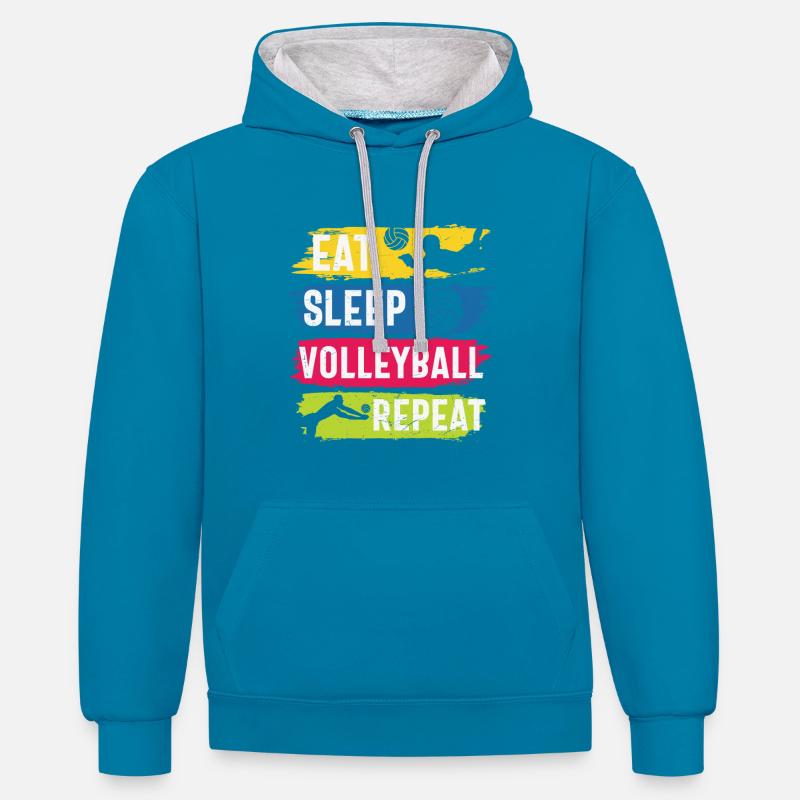 Manger dormir Volley-ball Répéter - Sweat à capuche contrasté - bleu paon/gris chiné