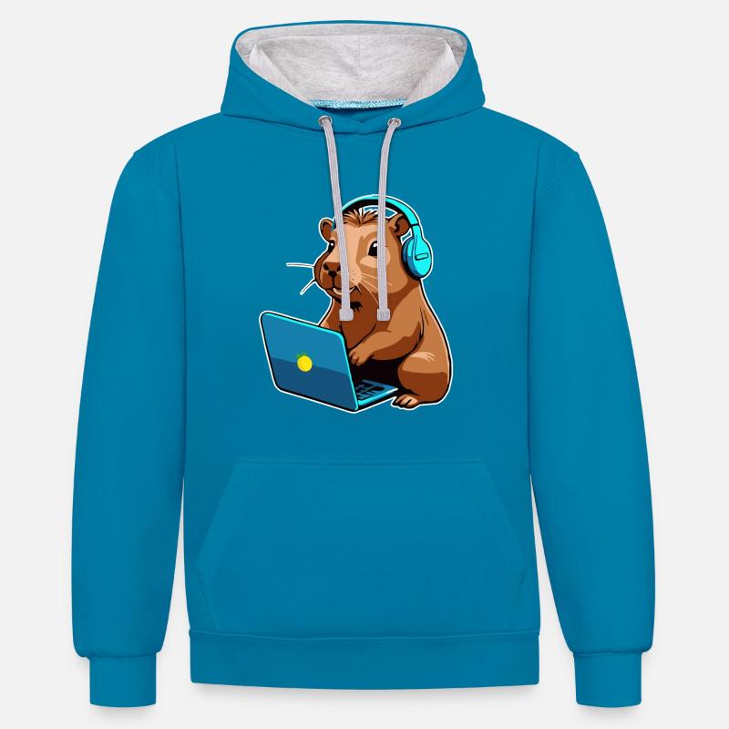Capybara Programmierer Coder Computer - Kontrast-Hoodie - Pfauenblau/Grau meliert