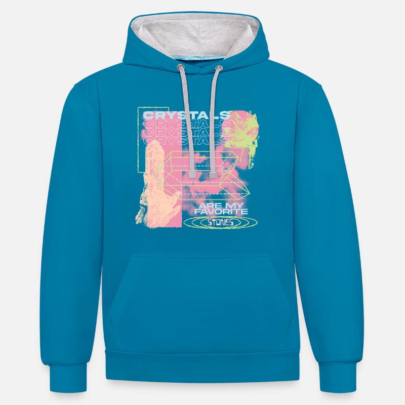 Les cristaux sont ma vibration préférée - Sweat à capuche contrasté - bleu paon/gris chiné