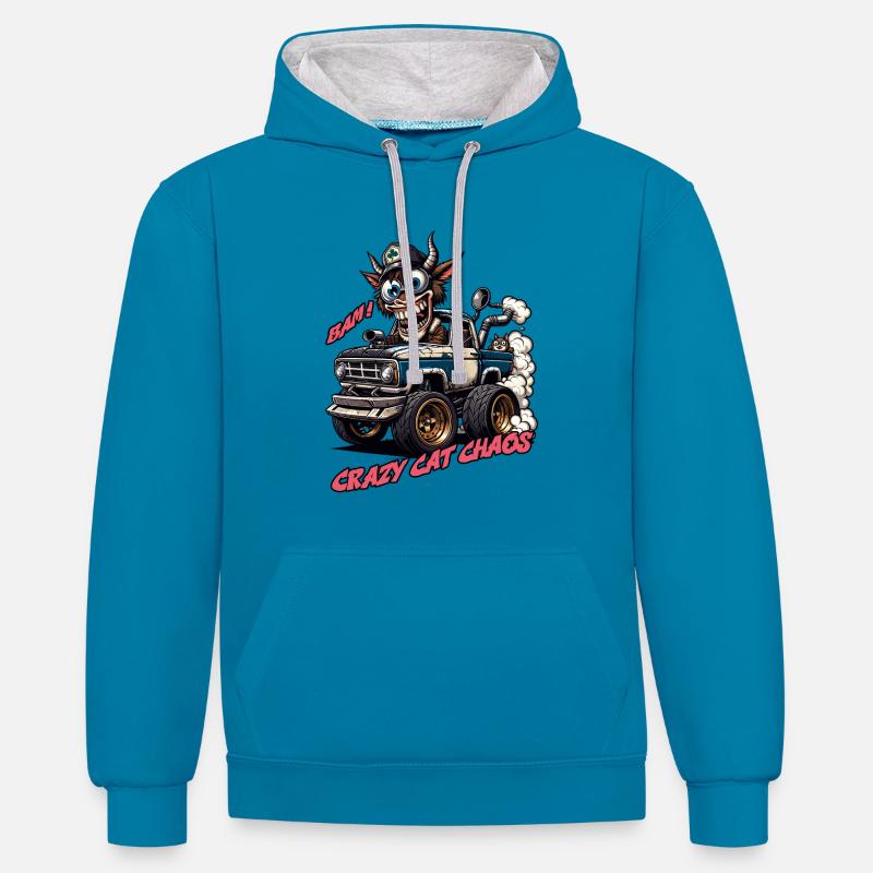 Conception tout-terrain Crazy Cat Chaos - Sweat à capuche contrasté - bleu paon/gris chiné