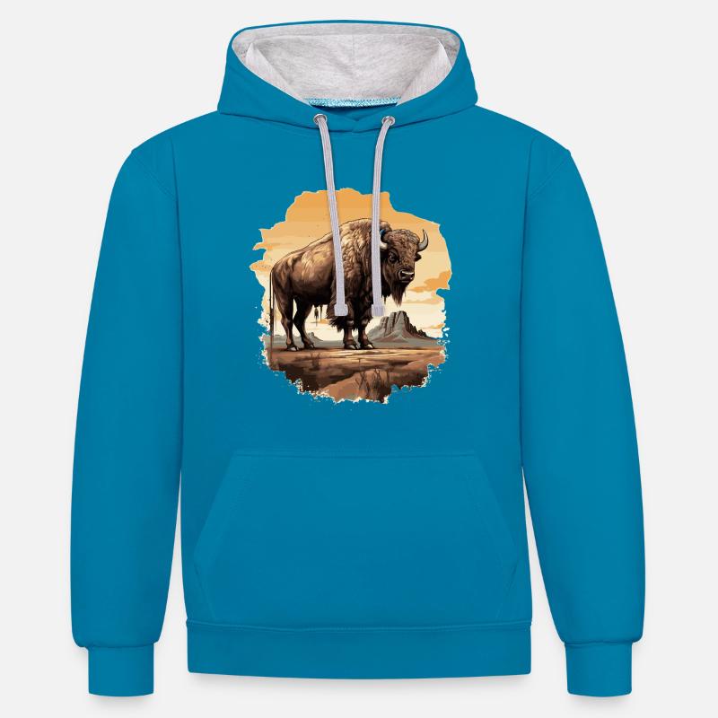 Bison majestueux de style western - Sweat à capuche contrasté - bleu paon/gris chiné