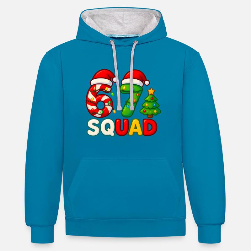 Funny 67 Six Seven Squad Meme Noël - Sweat à capuche contrasté - bleu paon/gris chiné