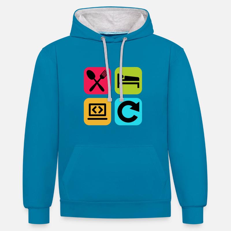 Essen, schlaf, Programm wiederholen, lustiger Zitatcode - Kontrast-Hoodie - Pfauenblau/Grau meliert